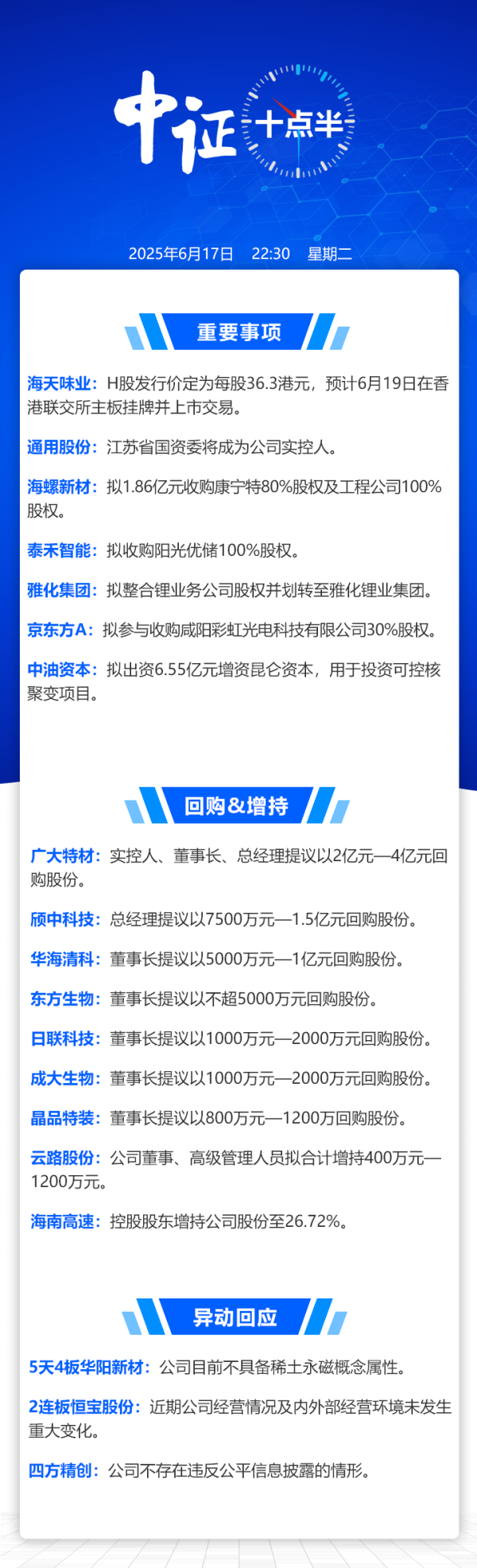 网络配资公司 【中证十点半】多家公司拟增持回购；中油资本拟6.55亿元增资昆仑资本，用于投资可控核聚变项目